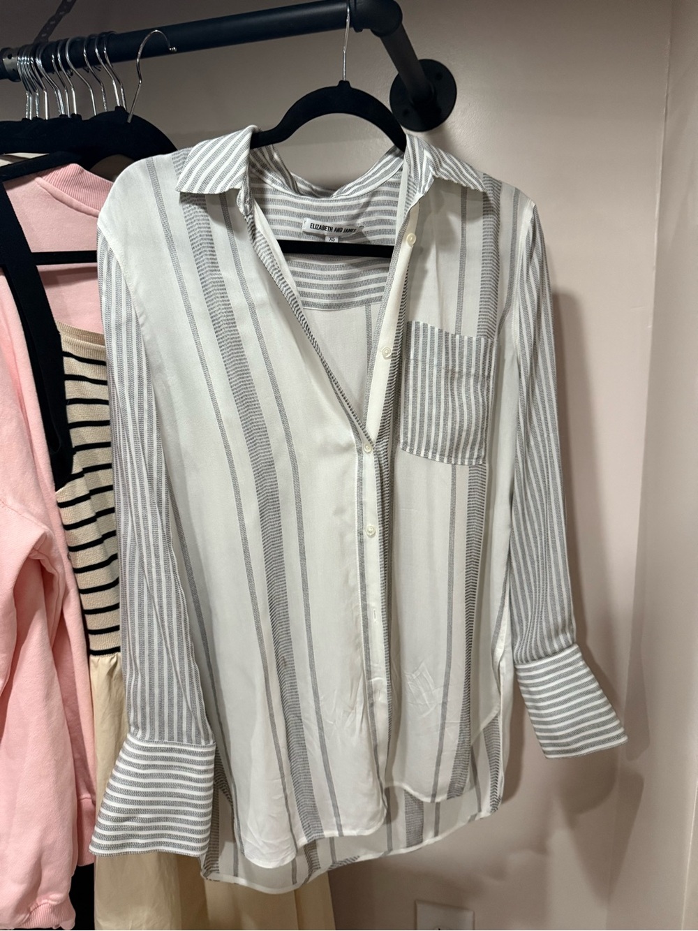 Elizabeth and James White and Gray Striped Button-Down Shirt